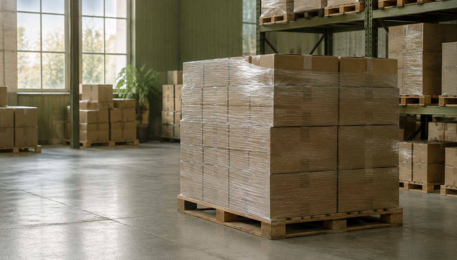 Paleta z kartonami owiniętymi folią w magazynie – opakowania B2B wysyłane do Niemiec